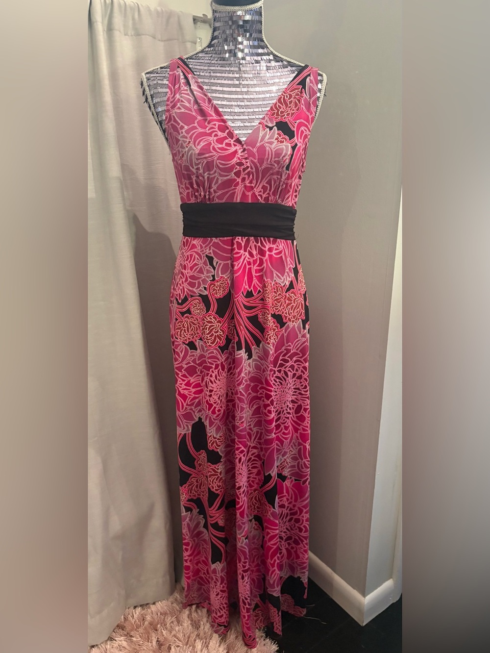 London Style- Fushcia,Pink, Black, Floral V-Neck Maxi Dress with Black Waistband
